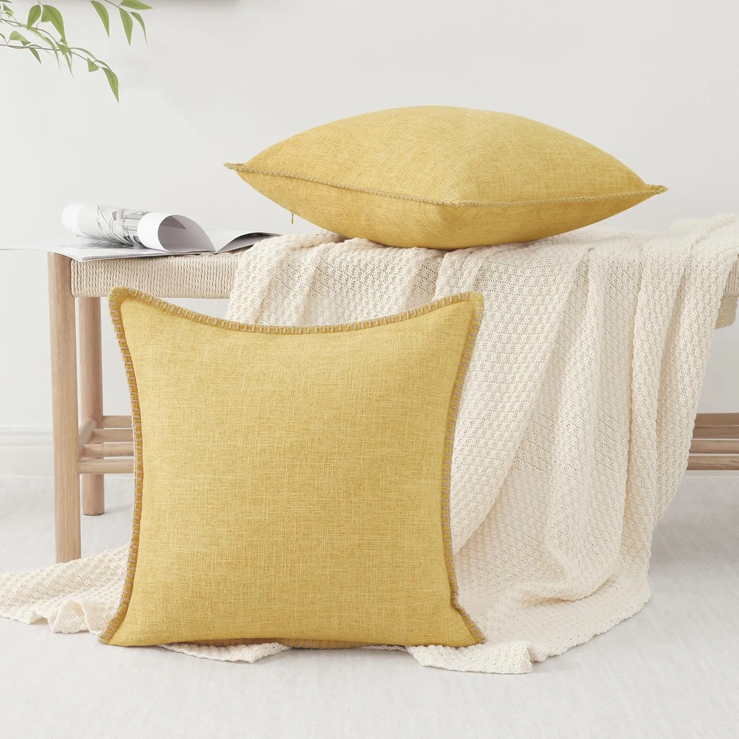 decorUhome Decorative Outdoor Throw Pillow Covers 18x18 Set of 2, Square Linen Rustic Neutral Farmhouse Pillow Covers with Stitched Edge for Couch, Sofa, Living Room, Mustard Yellow