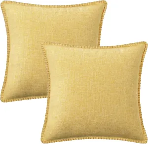 decorUhome Decorative Outdoor Throw Pillow Covers 18x18 Set of 2, Square Linen Rustic Neutral Farmhouse Pillow Covers with Stitched Edge for Couch, Sofa, Living Room, Mustard Yellow