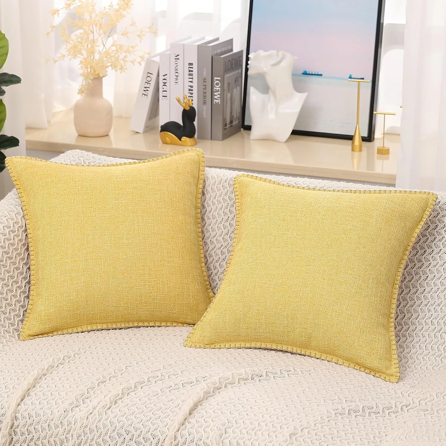 decorUhome Decorative Outdoor Throw Pillow Covers 18x18 Set of 2, Square Linen Rustic Neutral Farmhouse Pillow Covers with Stitched Edge for Couch, Sofa, Living Room, Mustard Yellow