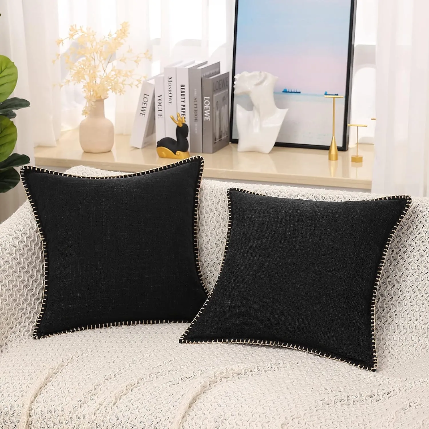 decorUhome Decorative Outdoor Throw Pillow Covers 26x26 Set of 2, Square Linen Rustic Neutral Farmhouse Pillow Covers with Stitched Edge for Couch, Sofa, Living Room, Black