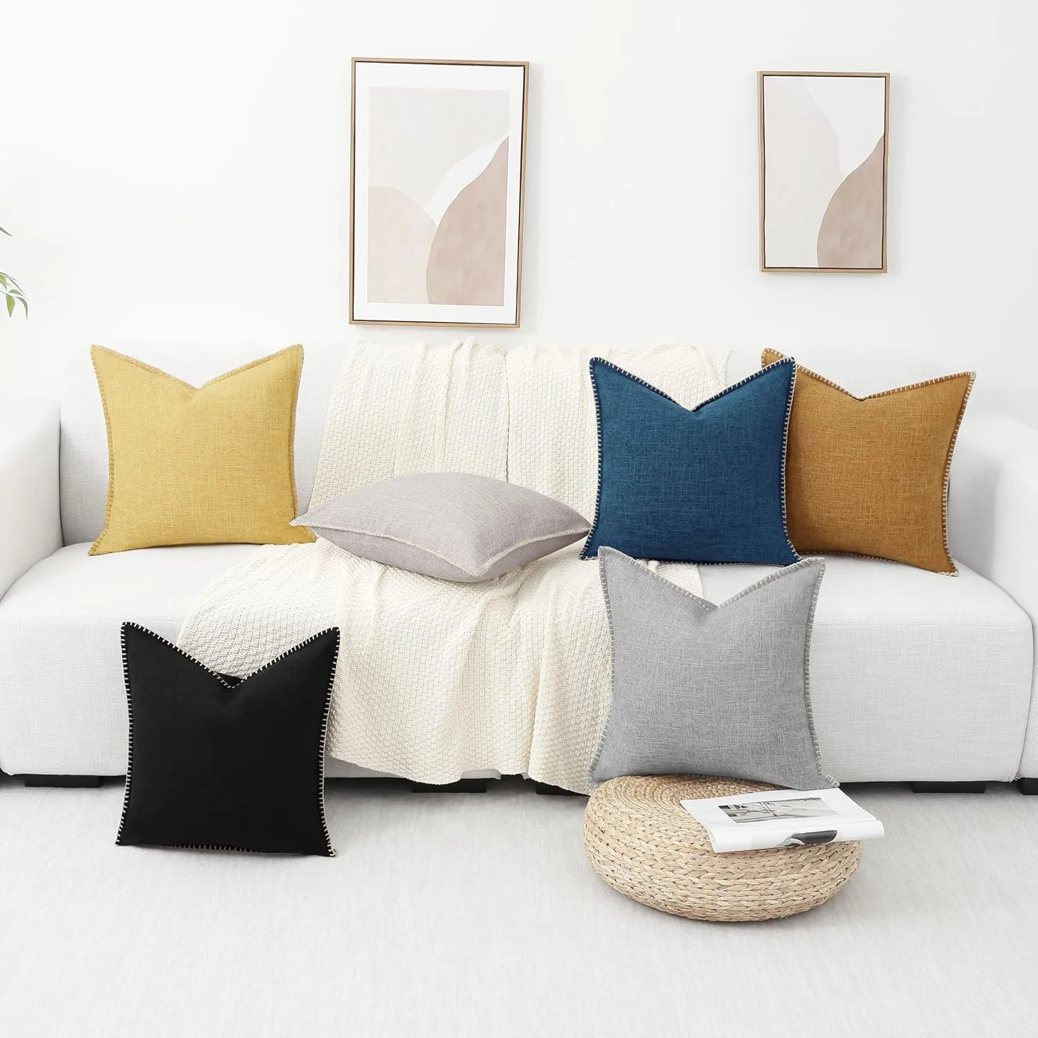 decorUhome Decorative Outdoor Throw Pillow Covers 26x26 Set of 2, Square Linen Rustic Neutral Farmhouse Pillow Covers with Stitched Edge for Couch, Sofa, Living Room, Black