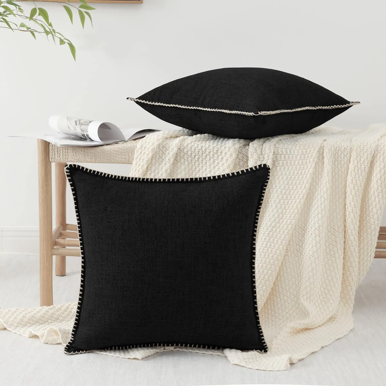 decorUhome Decorative Outdoor Throw Pillow Covers 26x26 Set of 2, Square Linen Rustic Neutral Farmhouse Pillow Covers with Stitched Edge for Couch, Sofa, Living Room, Black
