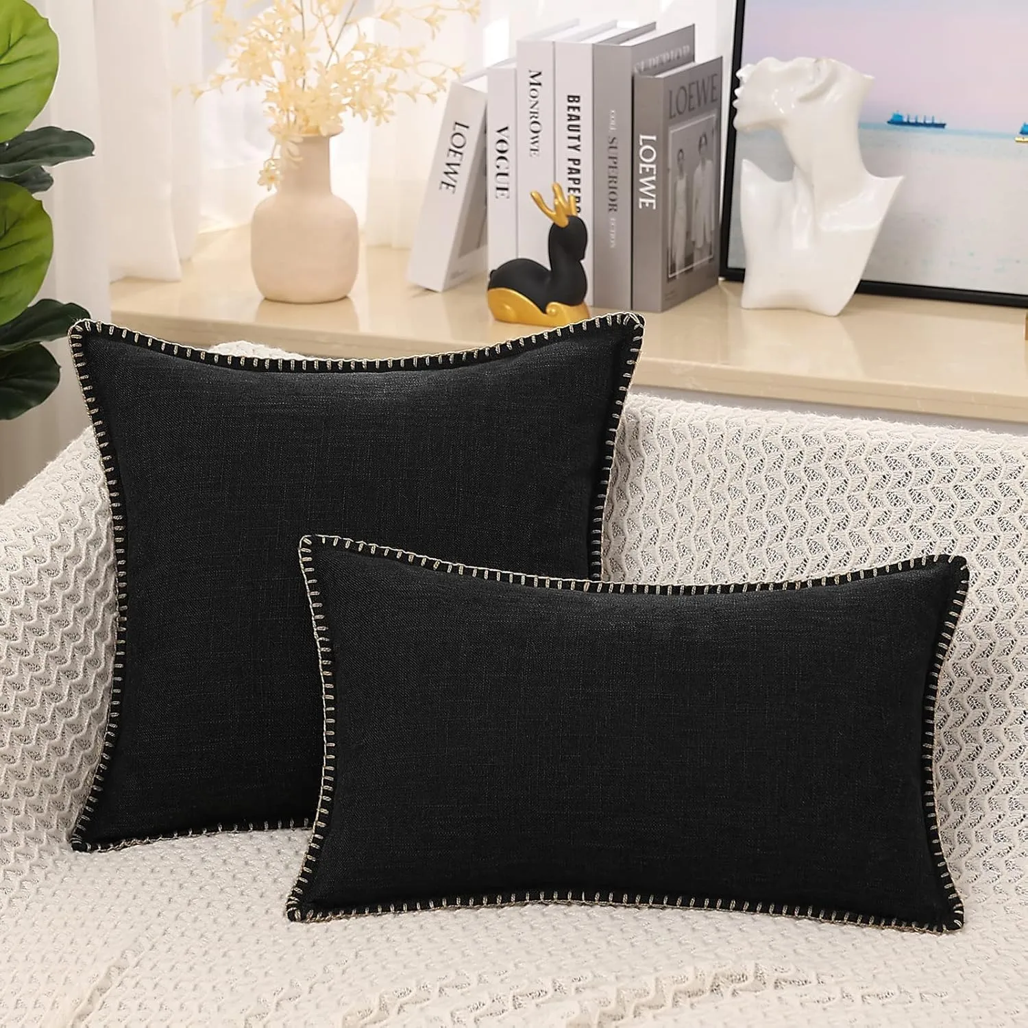 decorUhome Decorative Outdoor Throw Pillow Covers 26x26 Set of 2, Square Linen Rustic Neutral Farmhouse Pillow Covers with Stitched Edge for Couch, Sofa, Living Room, Black