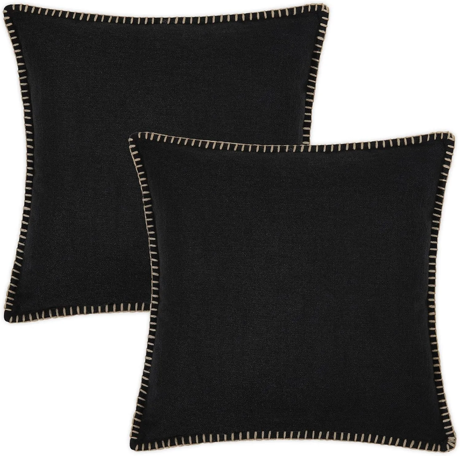 decorUhome Decorative Outdoor Throw Pillow Covers 26x26 Set of 2, Square Linen Rustic Neutral Farmhouse Pillow Covers with Stitched Edge for Couch, Sofa, Living Room, Black