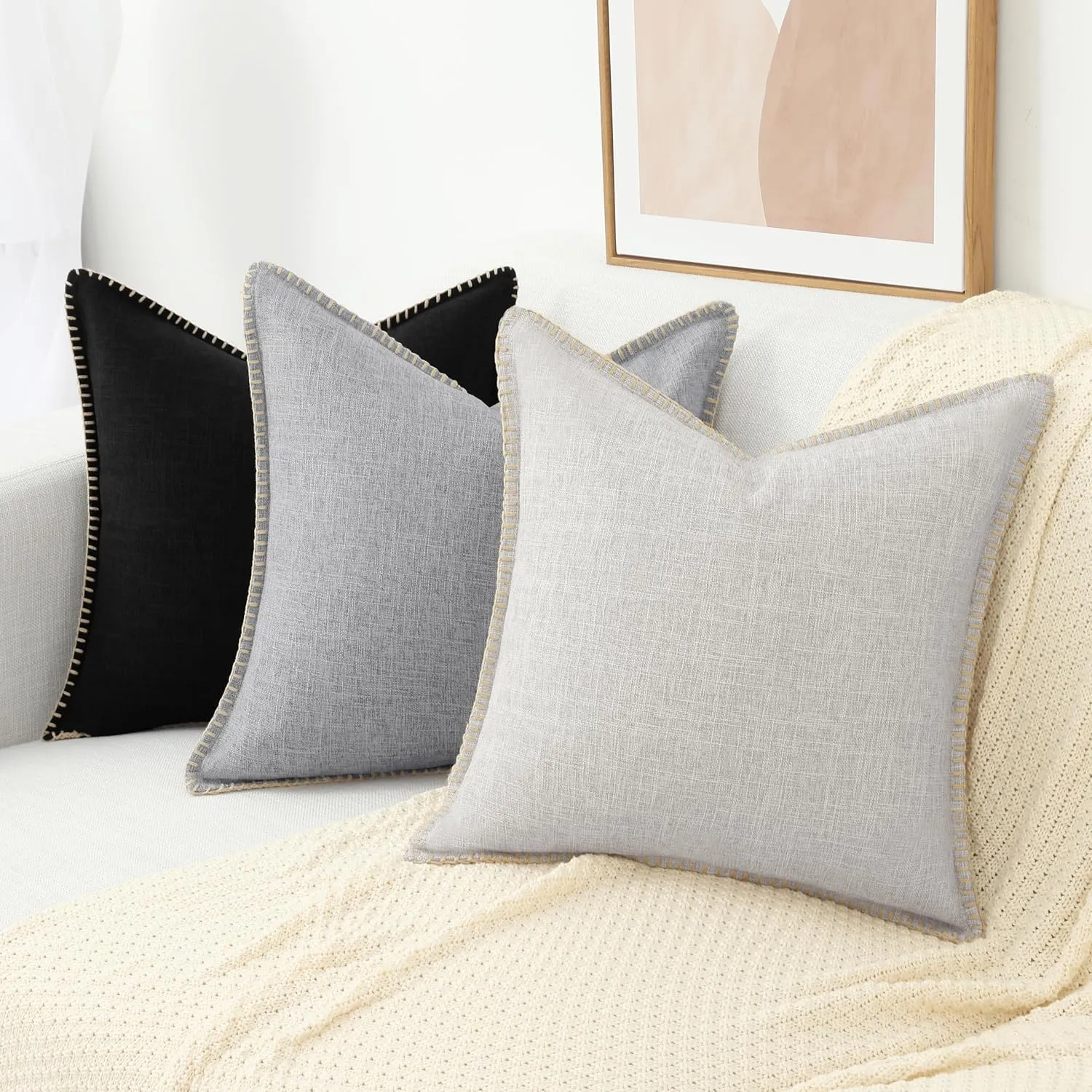 decorUhome Decorative Outdoor Throw Pillow Covers 26x26 Set of 2, Square Linen Rustic Neutral Farmhouse Pillow Covers with Stitched Edge for Couch, Sofa, Living Room, Black
