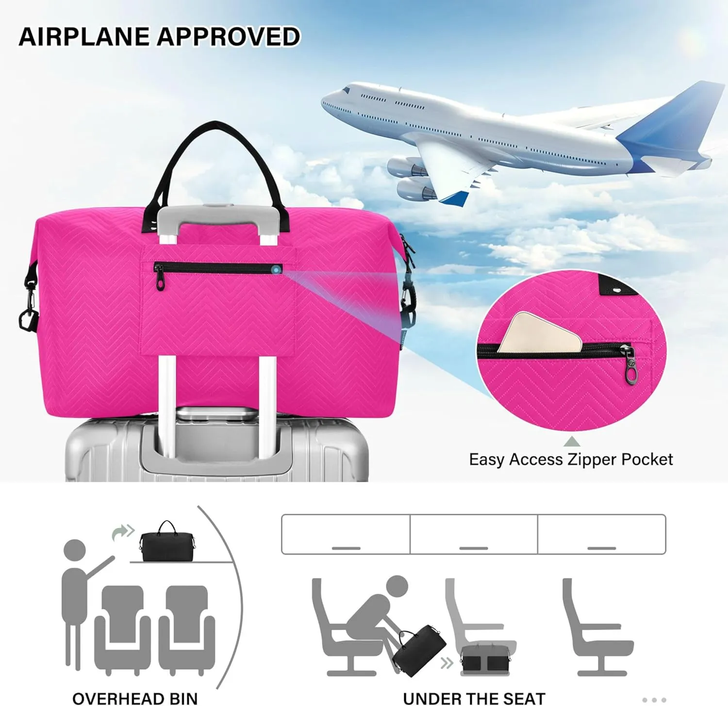 Deep Pink Custom Travel Duffel Bag with Toiletry Bag Personalized Weekender Bag for Travel Business Sports Large Gym Carry On Bag for Women & Men