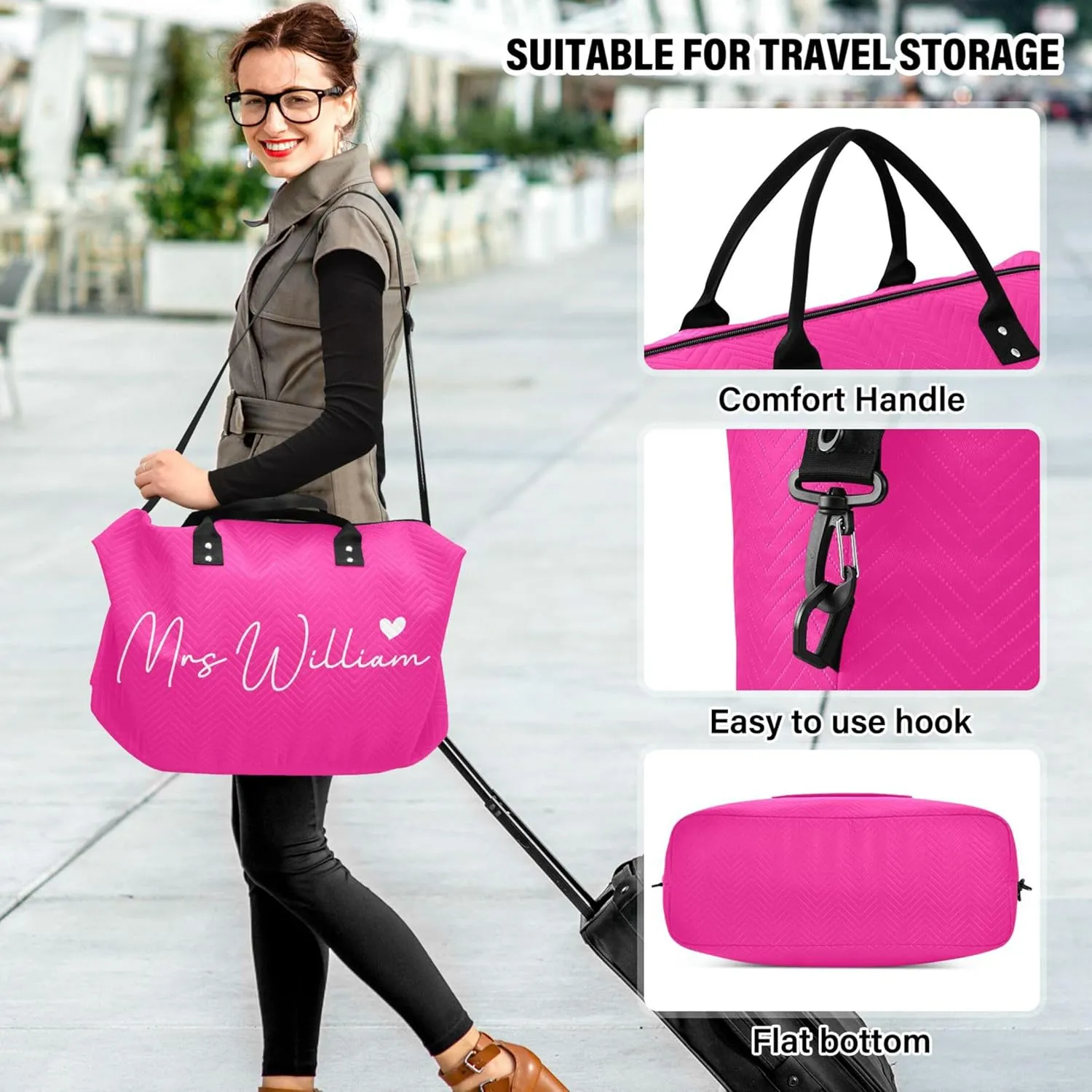 Deep Pink Custom Travel Duffel Bag with Toiletry Bag Personalized Weekender Bag for Travel Business Sports Large Gym Carry On Bag for Women & Men