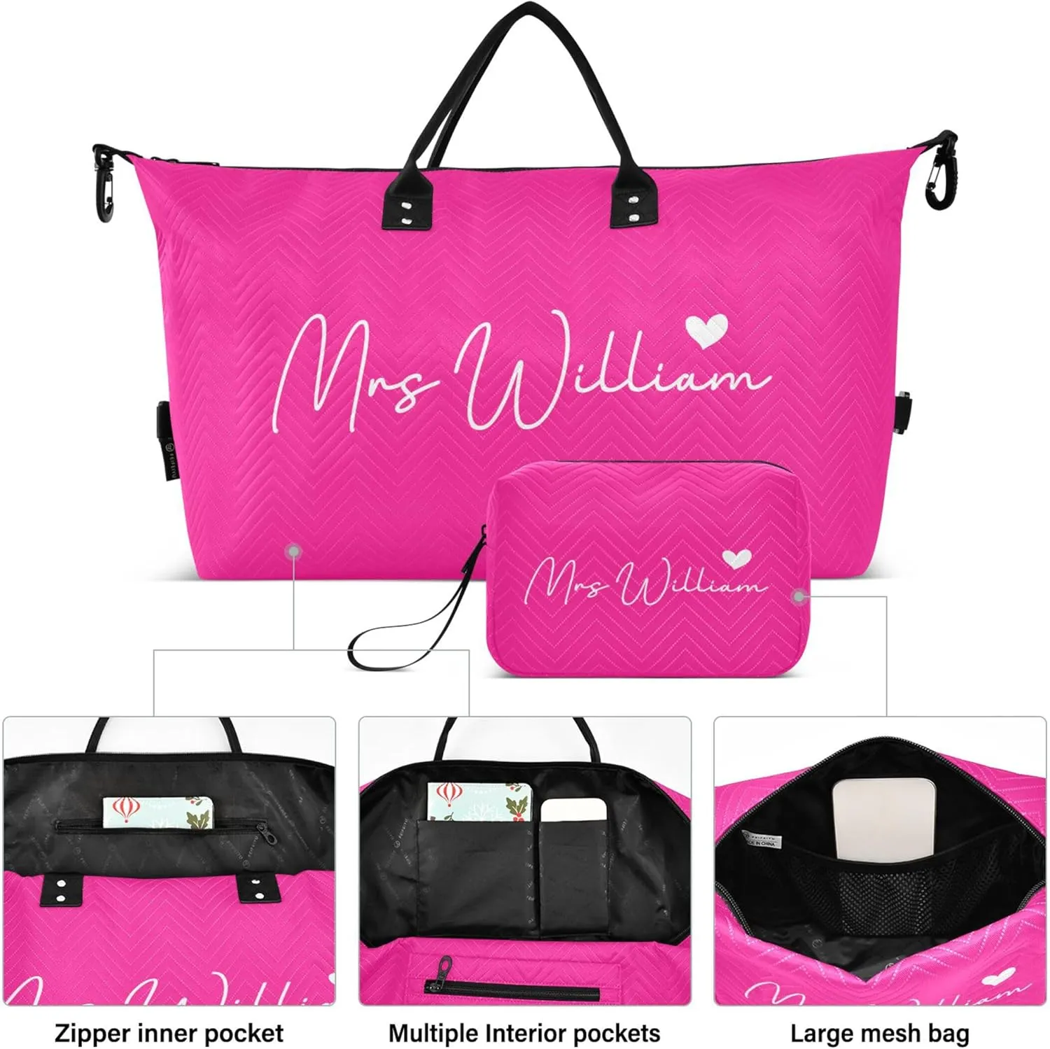 Deep Pink Custom Travel Duffel Bag with Toiletry Bag Personalized Weekender Bag for Travel Business Sports Large Gym Carry On Bag for Women & Men