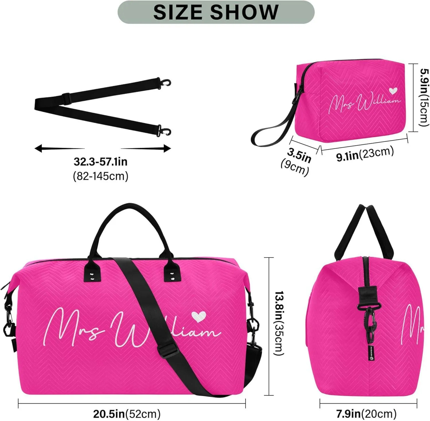 Deep Pink Custom Travel Duffel Bag with Toiletry Bag Personalized Weekender Bag for Travel Business Sports Large Gym Carry On Bag for Women & Men