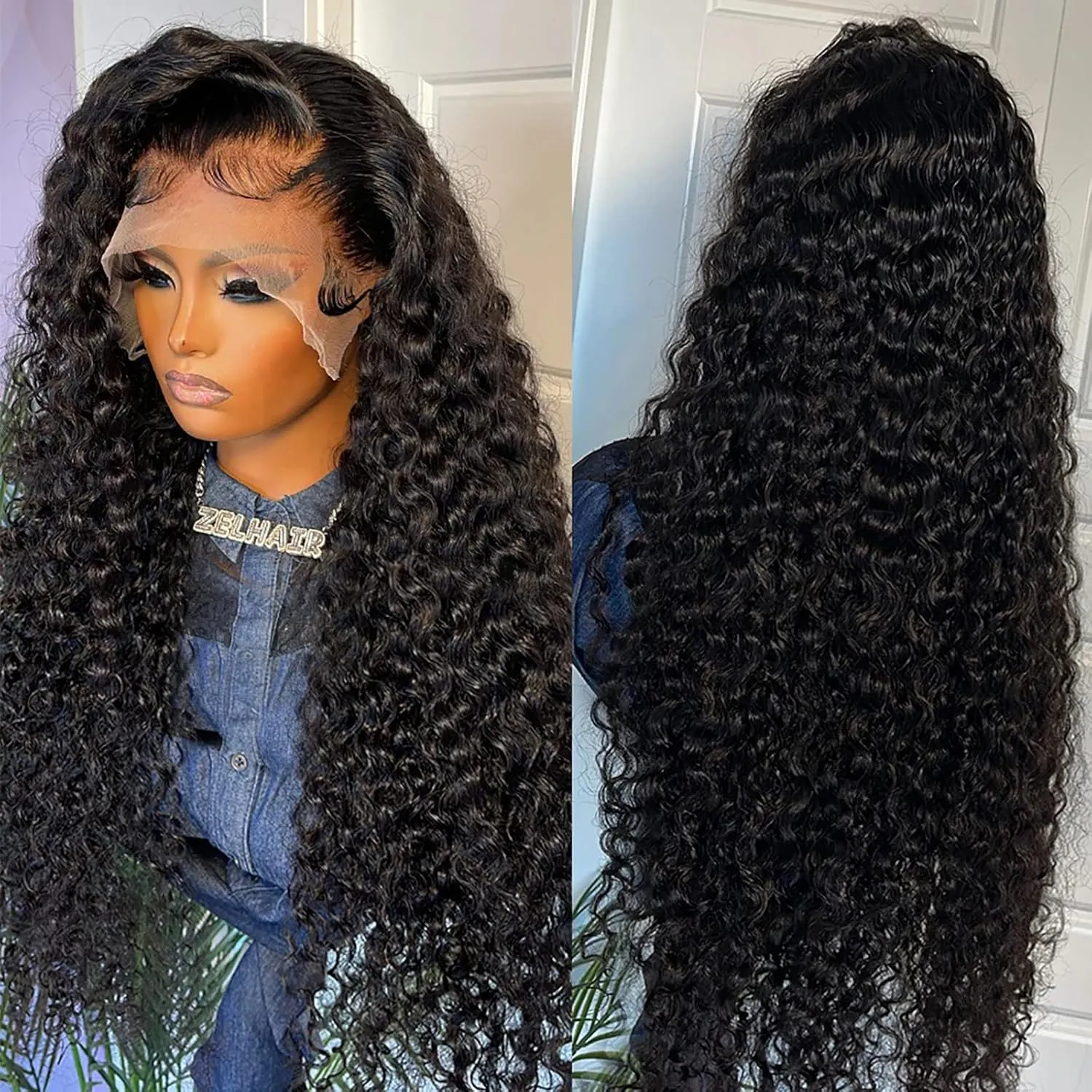 Deep Wave Lace Front Wigs Human Hair 180 Density 13x4 HD Transparent Frontal Wigs Human Hair for Women Deep Curly Glueless Wigs Human Hair Pre Plucked with Baby Hair 24Inch