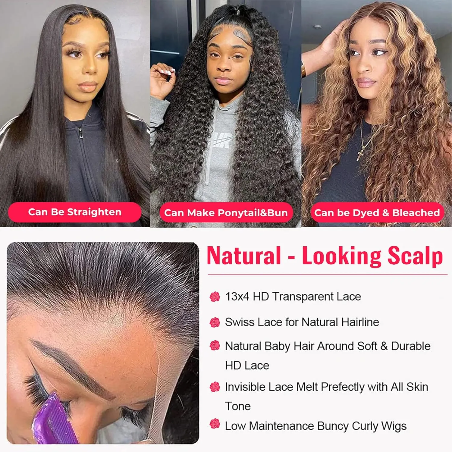 Deep Wave Lace Front Wigs Human Hair 180 Density 13x4 HD Transparent Frontal Wigs Human Hair for Women Deep Curly Glueless Wigs Human Hair Pre Plucked with Baby Hair 24Inch
