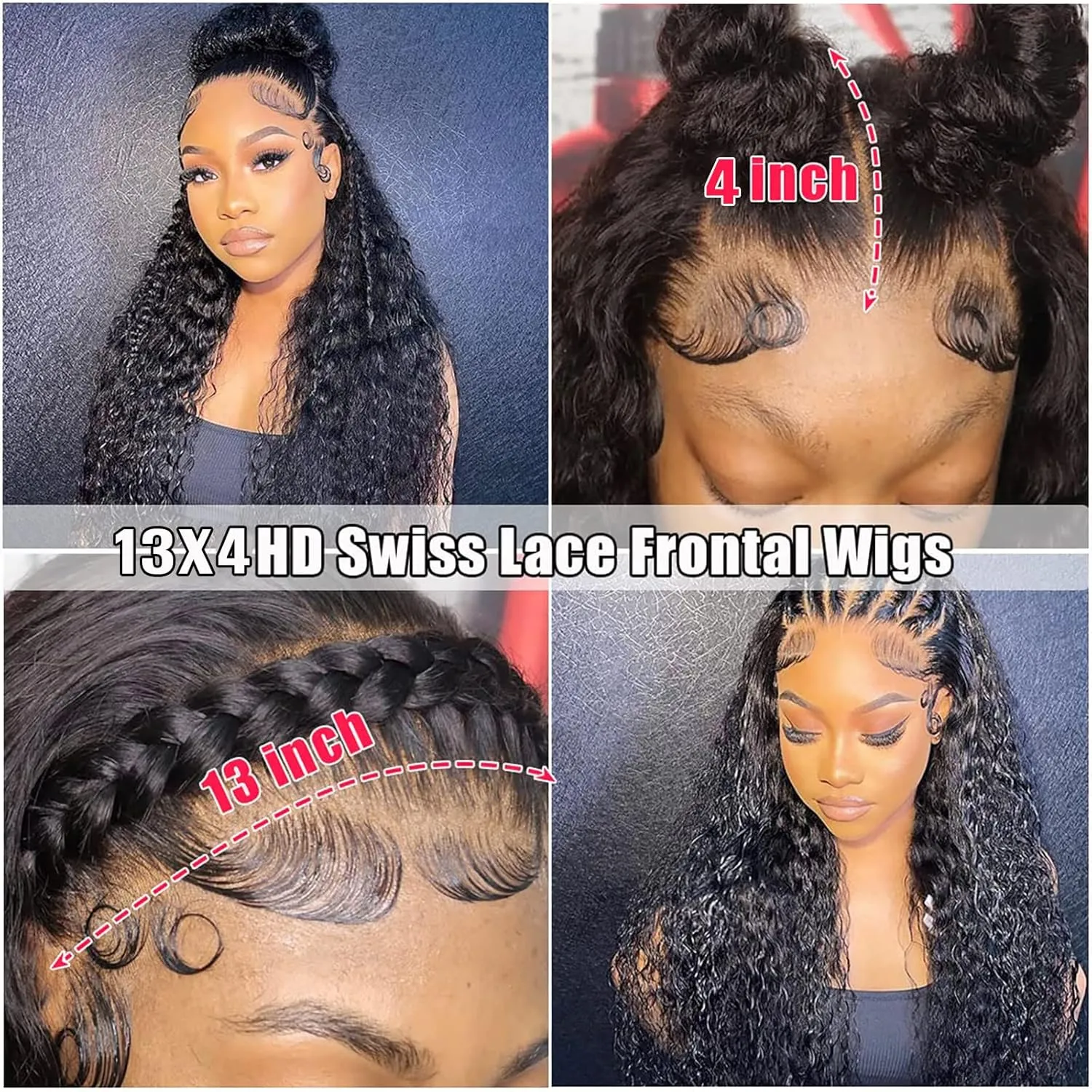 Deep Wave Lace Front Wigs Human Hair 180 Density 13x4 HD Transparent Frontal Wigs Human Hair for Women Deep Curly Glueless Wigs Human Hair Pre Plucked with Baby Hair 24Inch