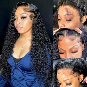 Deep Wave Lace Front Wigs Human Hair 180 Density 13x4 HD Transparent Frontal Wigs Human Hair for Women Deep Curly Glueless Wigs Human Hair Pre Plucked with Baby Hair 24Inch