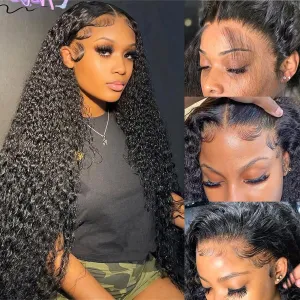 Deep Wave Lace Front Wigs Human Hair 180 Density 13x4 HD Transparent Frontal Wigs Human Hair for Women Deep Curly Glueless Wigs Human hair Pre Plucked with Baby Hair Natural Black 20Inch