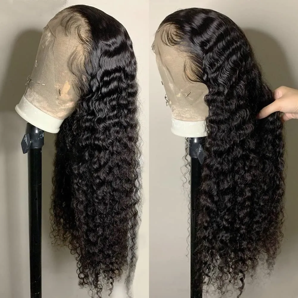 Deep Wave Lace Front Wigs Human Hair 180 Density 13x4 HD Transparent Frontal Wigs Human Hair for Women Deep Curly Glueless Wigs Human hair Pre Plucked with Baby Hair Natural Black 20Inch