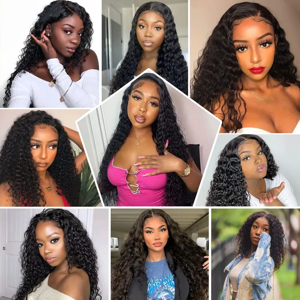 Deep Wave Lace Front Wigs Human Hair 180 Density 13x4 HD Transparent Frontal Wigs Human Hair for Women Deep Curly Glueless Wigs Human hair Pre Plucked with Baby Hair Natural Black 20Inch