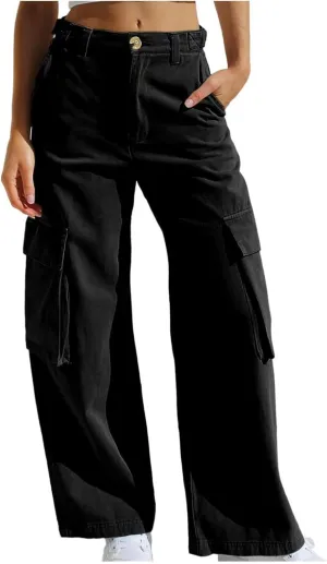 Denim Cargo Pants for Women Baggy Multi Pockets Button Mid Waist Zipper Jeans 2024 Fashion Straight Leg Cargo Jeans