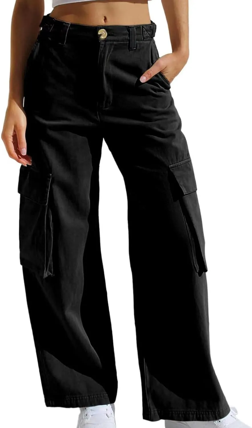 Denim Cargo Pants for Women Baggy Multi Pockets Button Mid Waist Zipper Jeans 2024 Fashion Straight Leg Cargo Jeans