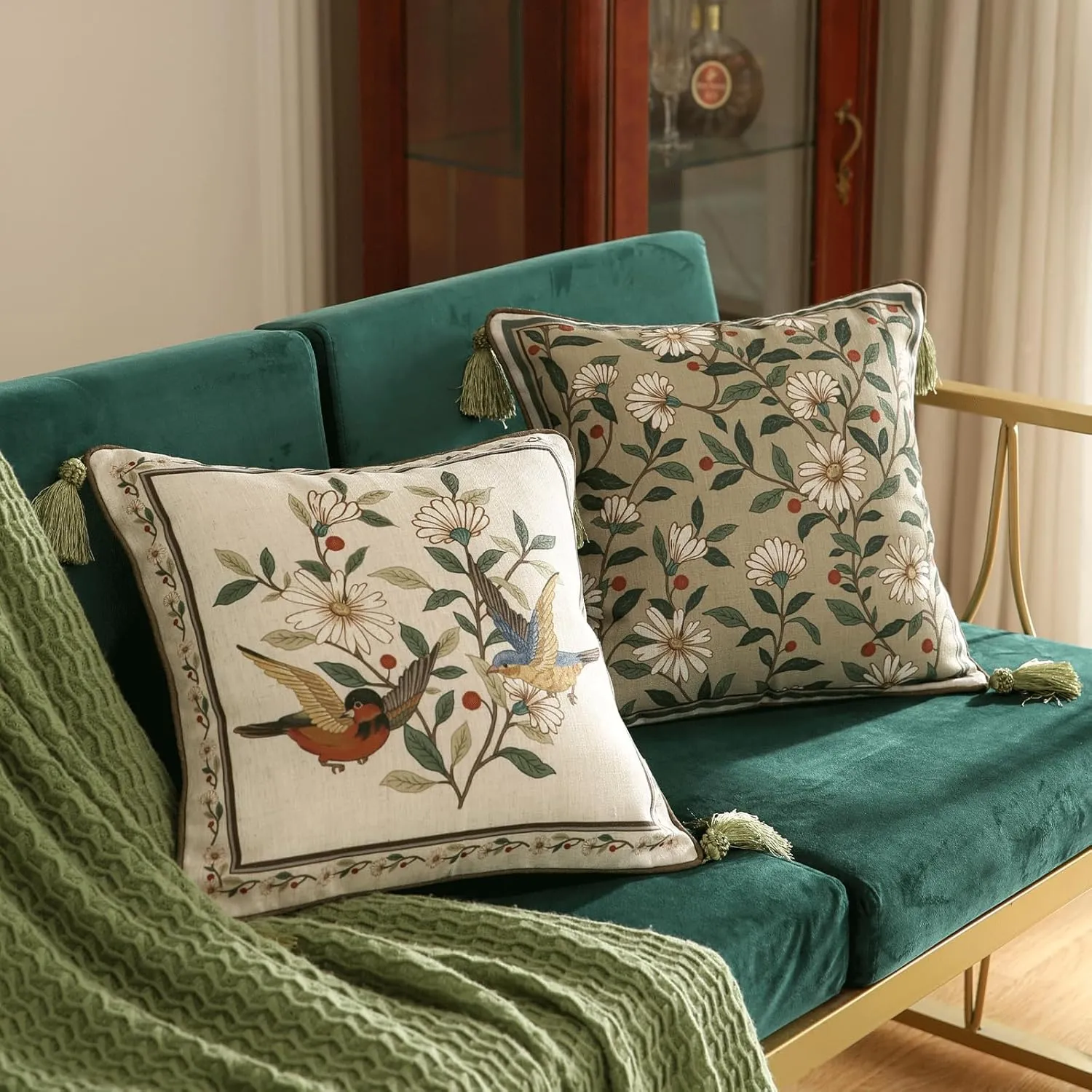 Design Square Bird Floral Linen Throw Pillow Covers 18"x18" Pack of 2, White Simple Elegant Daisy Pattern Cushion Covers Decor Pillowcases for Bed,Living Room,Outdoor,Car
