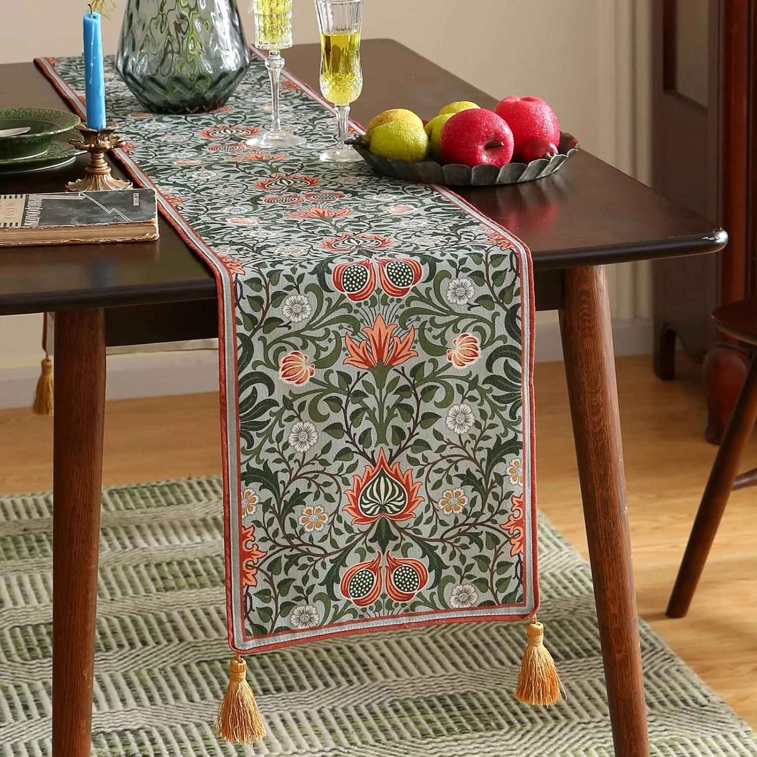 Designer Elegant Linen Table Runner 87 Inches, Colorful Flower Pattern Long Soft Table Runners for Thanksgiving,Dining Room,Banquet,Holiday,Christmas,New Year,12"*87"