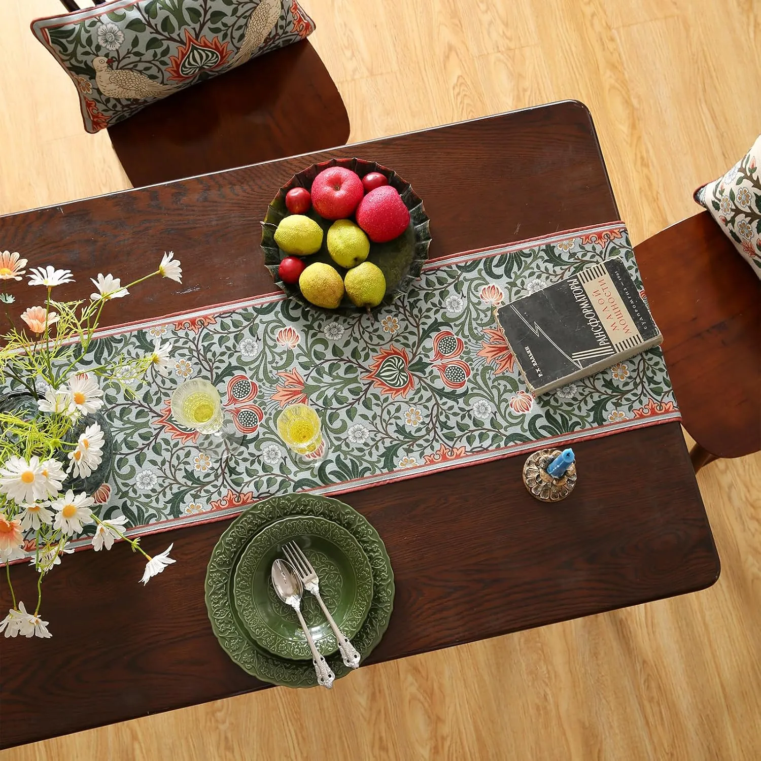 Designer Elegant Linen Table Runner 87 Inches, Colorful Flower Pattern Long Soft Table Runners for Thanksgiving,Dining Room,Banquet,Holiday,Christmas,New Year,12"*87"