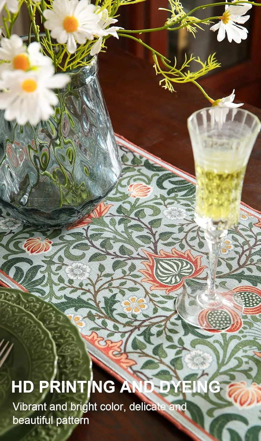 Designer Elegant Linen Table Runner 87 Inches, Colorful Flower Pattern Long Soft Table Runners for Thanksgiving,Dining Room,Banquet,Holiday,Christmas,New Year,12"*87"