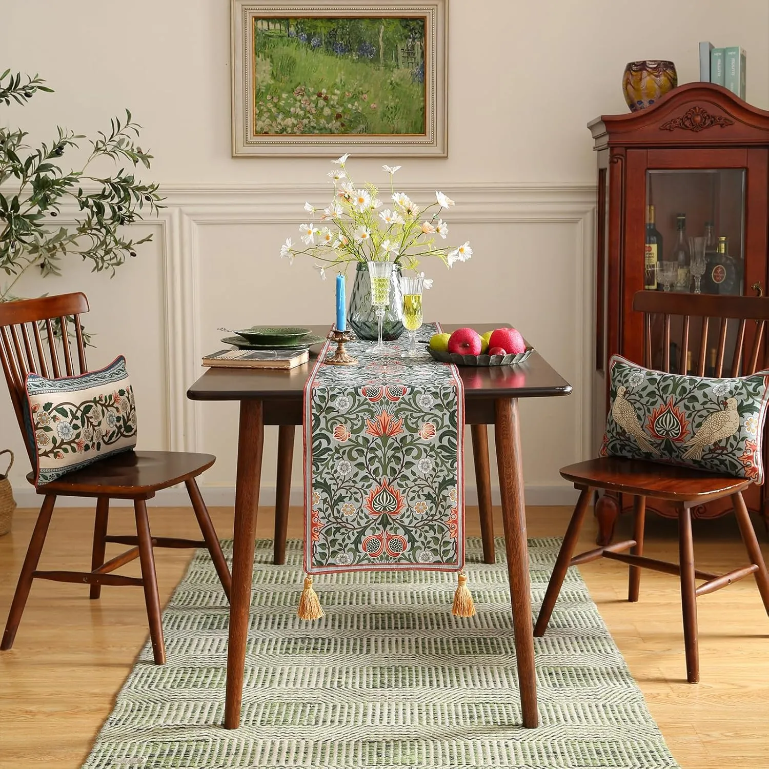 Designer Elegant Linen Table Runner 87 Inches, Colorful Flower Pattern Long Soft Table Runners for Thanksgiving,Dining Room,Banquet,Holiday,Christmas,New Year,12"*87"