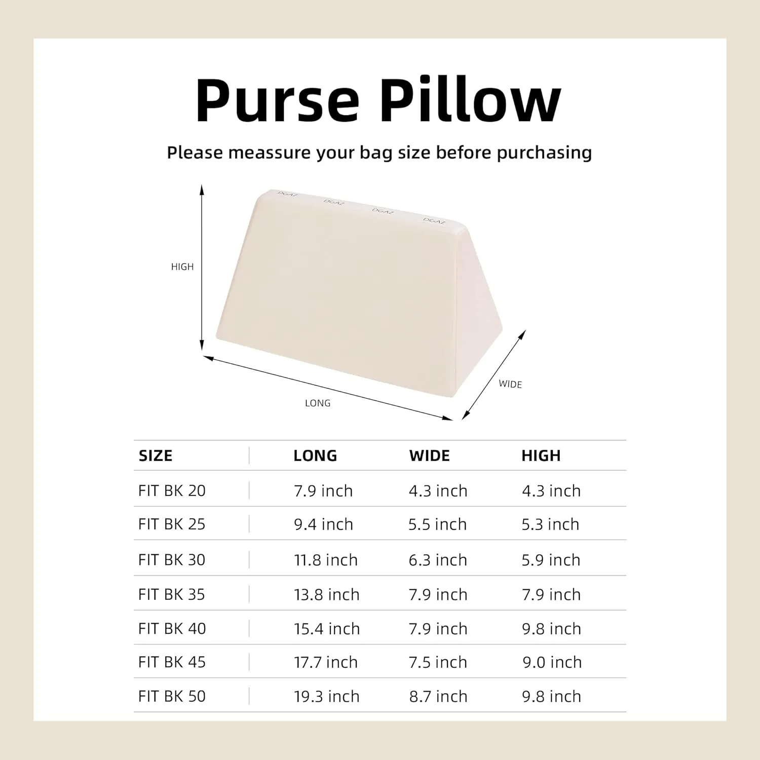 DGAZ Purse Pillow Shaper Insert,Luxury Handbag Tote Shapers, Memory Foam- Fits Birkin 20/25/30/35/40/45/50 Bag(Craie,BK25 Retourne)