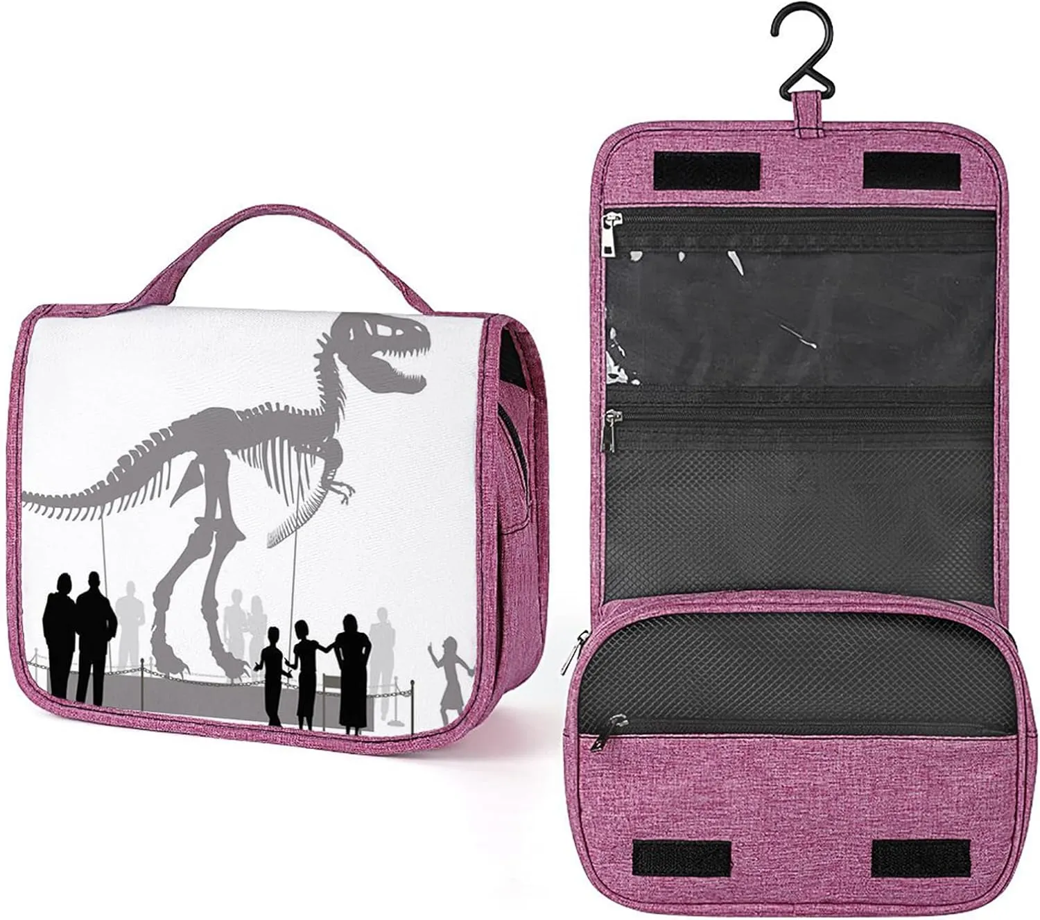 Dinosaur Print,Toiletry Bag for Women,Dinosaur Skeleton in A Museum,Water-resistant Hanging Bathroom Travel Makeup Organizer,Cosmetic Case Traveling for Full Accessories,Black White