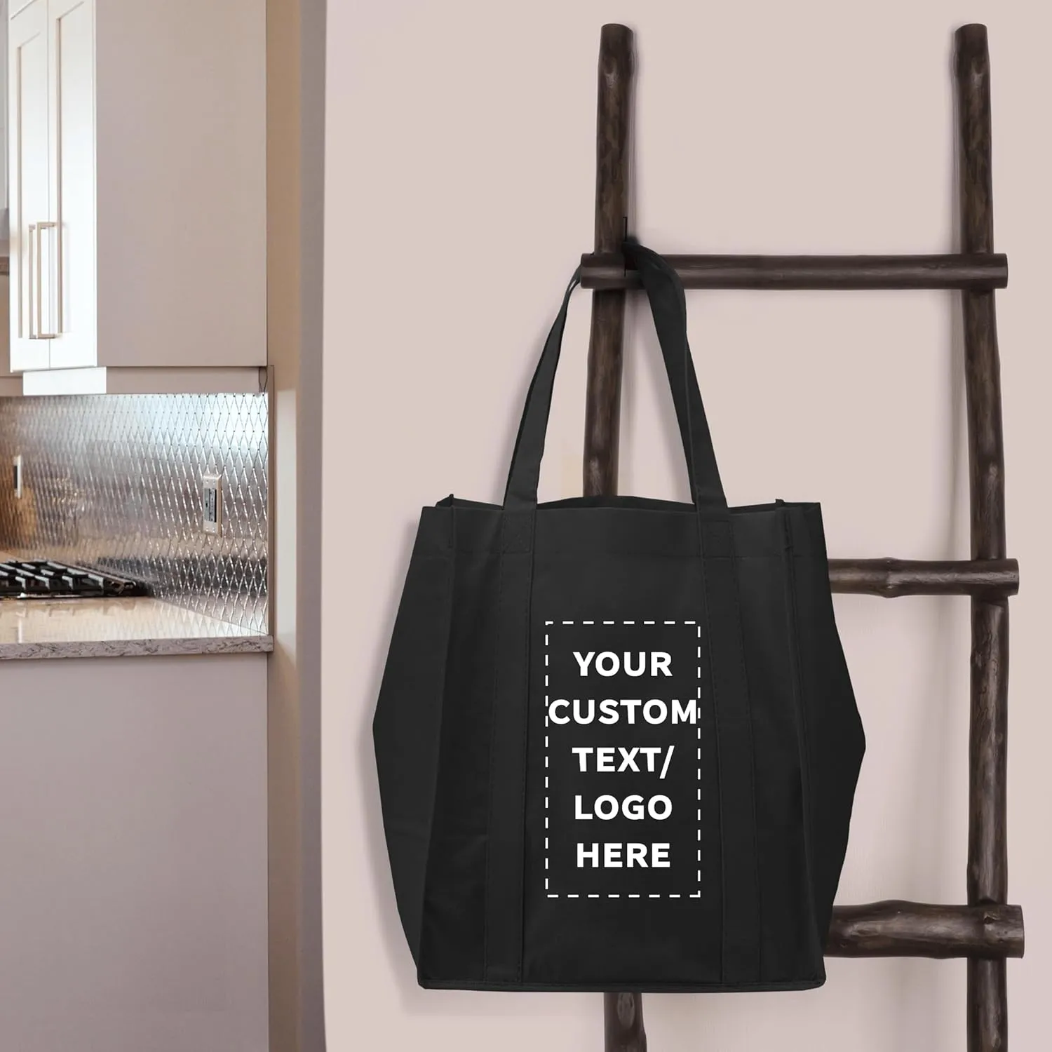 DISCOUNT PROMOS Custom Reusable Grocery Tote Bag for Shopping - 50 Pack - Personalized Logo, Text -Small Foldable Bags – Black - 12.625"X13"X8.75"