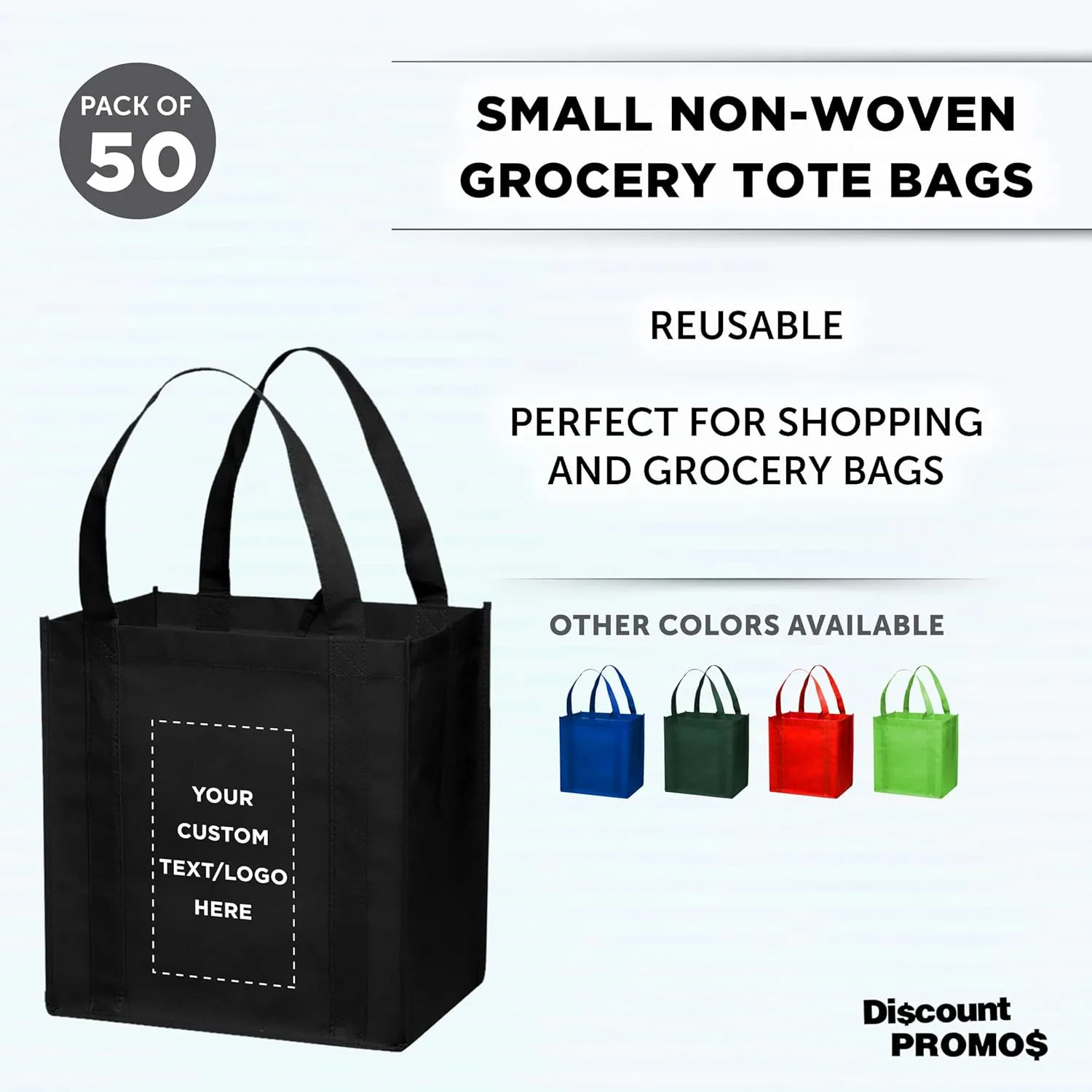 DISCOUNT PROMOS Custom Reusable Grocery Tote Bag for Shopping - 50 Pack - Personalized Logo, Text -Small Foldable Bags – Black - 12.625"X13"X8.75"