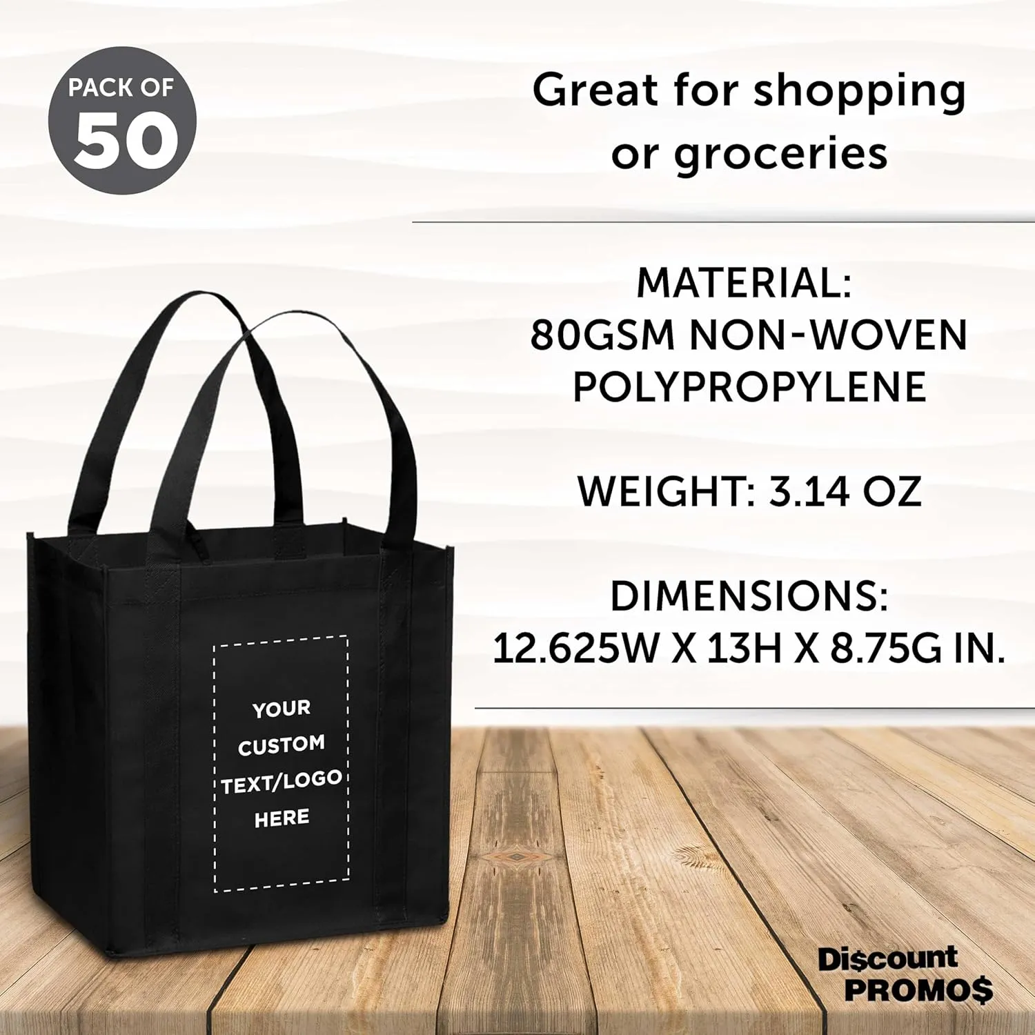 DISCOUNT PROMOS Custom Reusable Grocery Tote Bag for Shopping - 50 Pack - Personalized Logo, Text -Small Foldable Bags – Black - 12.625"X13"X8.75"