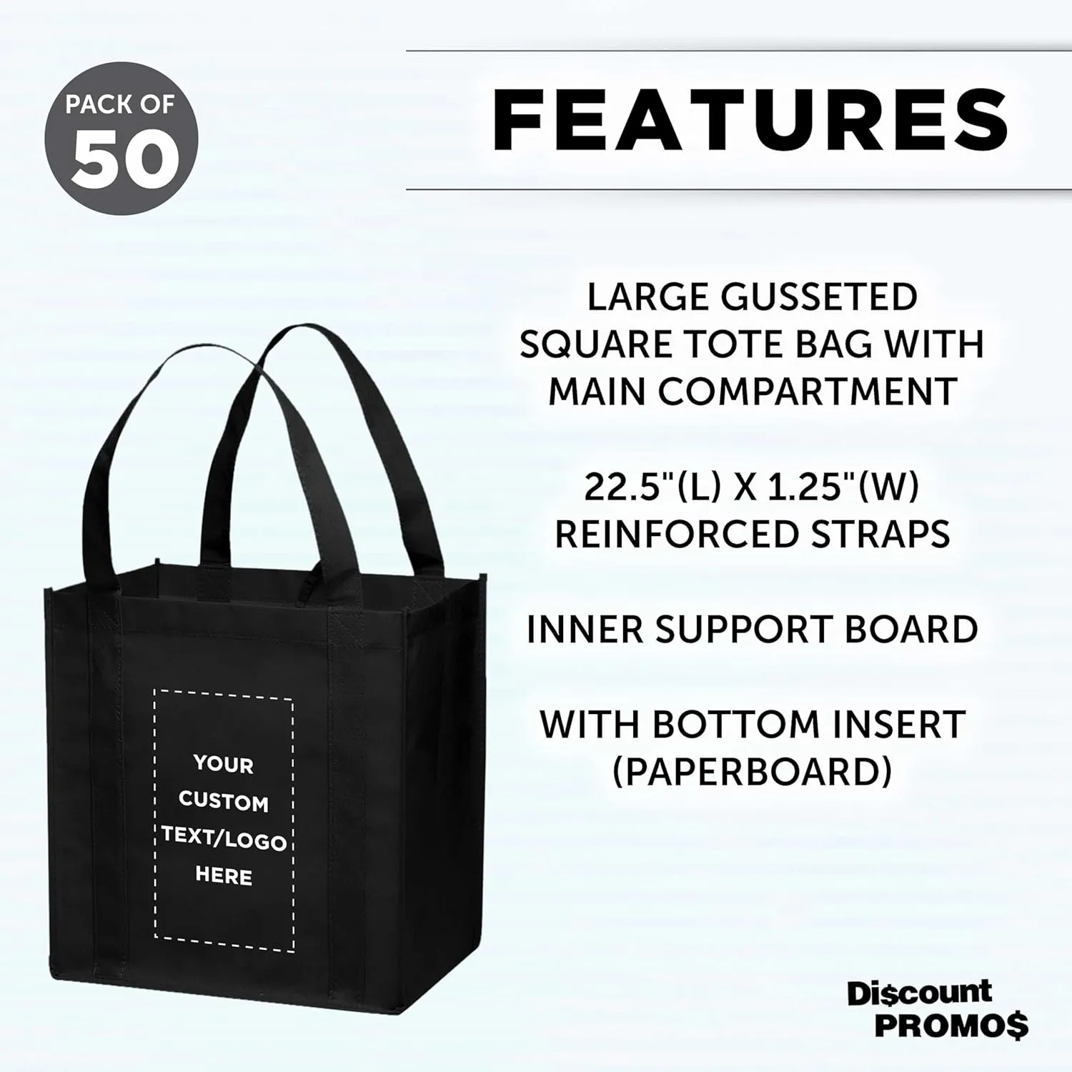 DISCOUNT PROMOS Custom Reusable Grocery Tote Bag for Shopping - 50 Pack - Personalized Logo, Text -Small Foldable Bags – Black - 12.625"X13"X8.75"