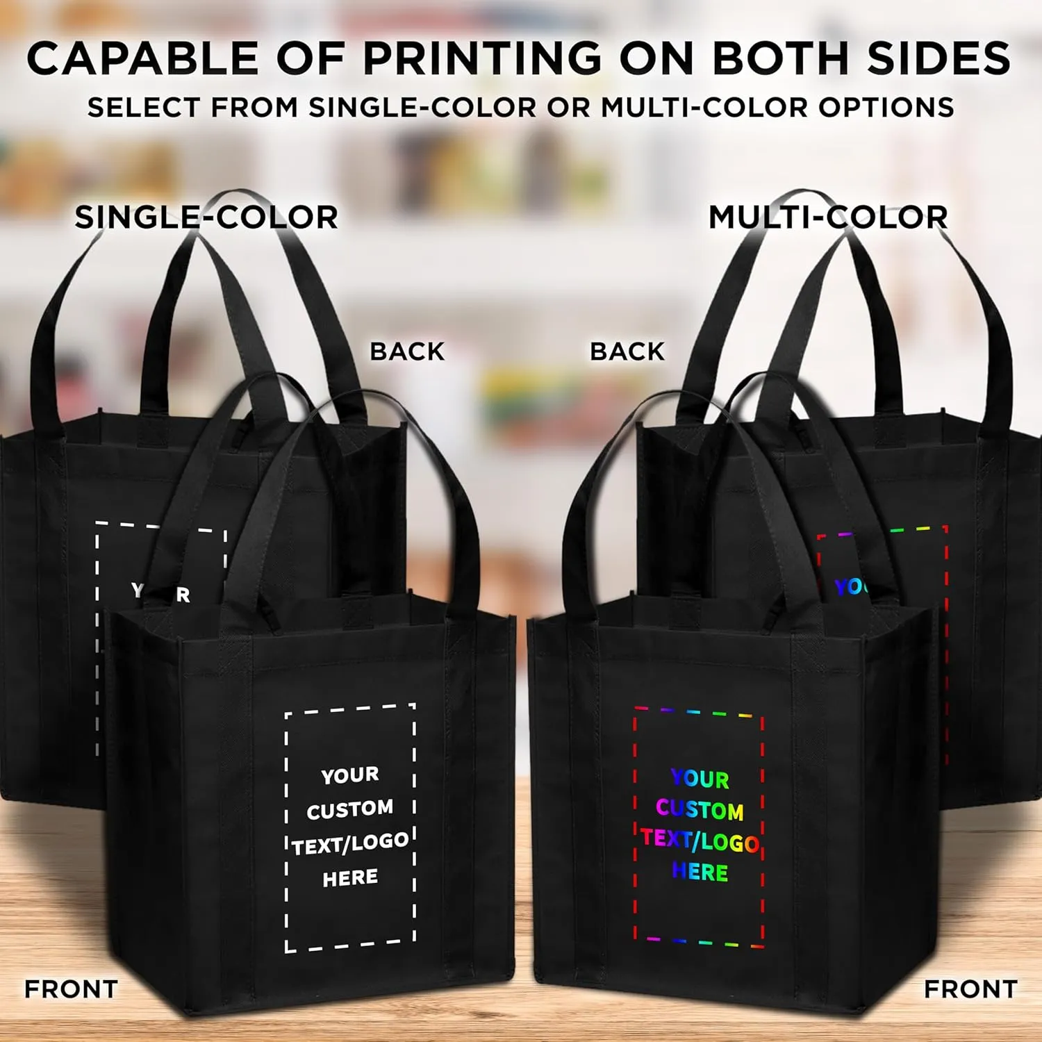 DISCOUNT PROMOS Custom Reusable Grocery Tote Bag for Shopping - 50 Pack - Personalized Logo, Text -Small Foldable Bags – Black - 12.625"X13"X8.75"