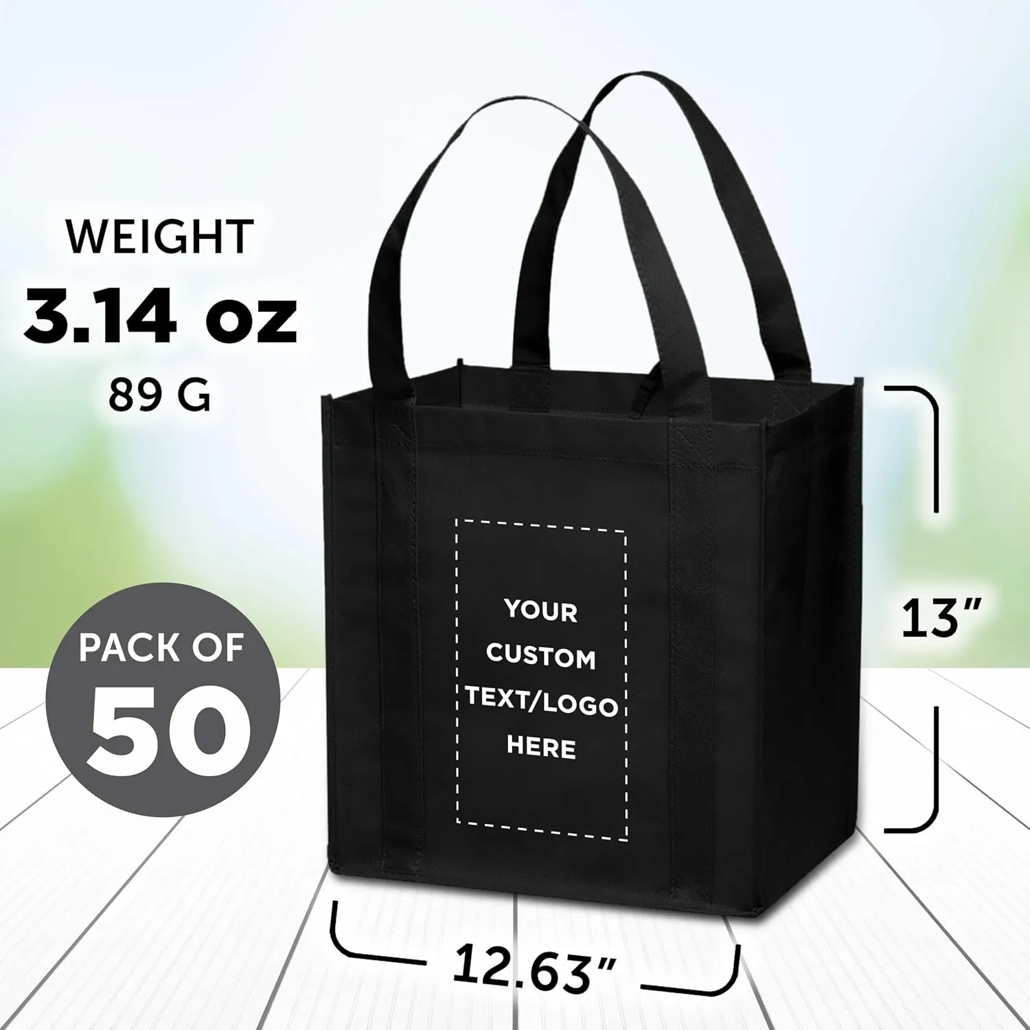 DISCOUNT PROMOS Custom Reusable Grocery Tote Bag for Shopping - 50 Pack - Personalized Logo, Text -Small Foldable Bags – Black - 12.625"X13"X8.75"