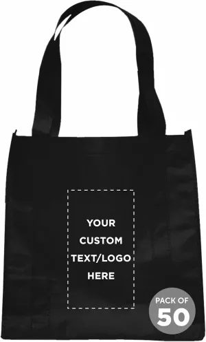 DISCOUNT PROMOS Custom Reusable Grocery Tote Bag for Shopping - 50 Pack - Personalized Logo, Text -Small Foldable Bags – Black - 12.625"X13"X8.75"