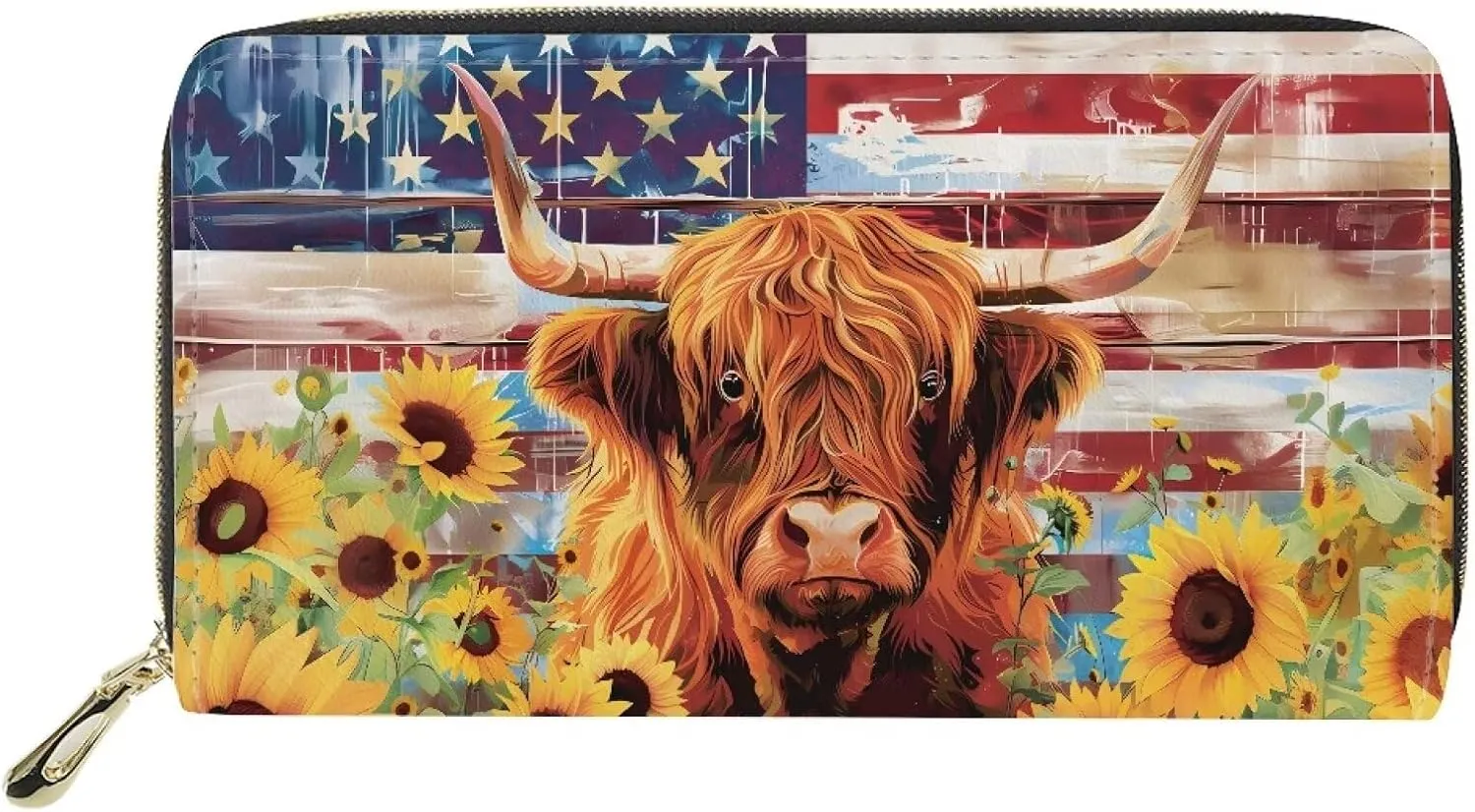 doginthehole Leather Wallets for Women, American Flag Sunflowers Yaks Long Wallet for Ladies Zipper Coin Purse Credit Card Holder