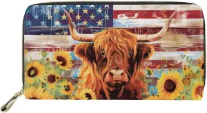 doginthehole Leather Wallets for Women, American Flag Sunflowers Yaks Long Wallet for Ladies Zipper Coin Purse Credit Card Holder