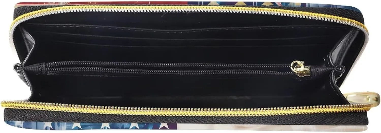 doginthehole Leather Wallets for Women, American Flag Sunflowers Yaks Long Wallet for Ladies Zipper Coin Purse Credit Card Holder