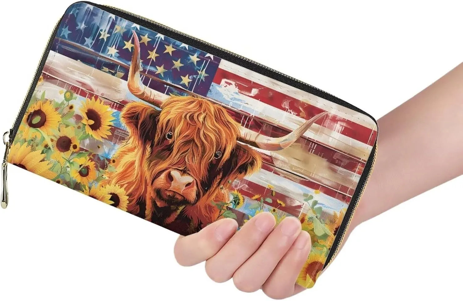 doginthehole Leather Wallets for Women, American Flag Sunflowers Yaks Long Wallet for Ladies Zipper Coin Purse Credit Card Holder