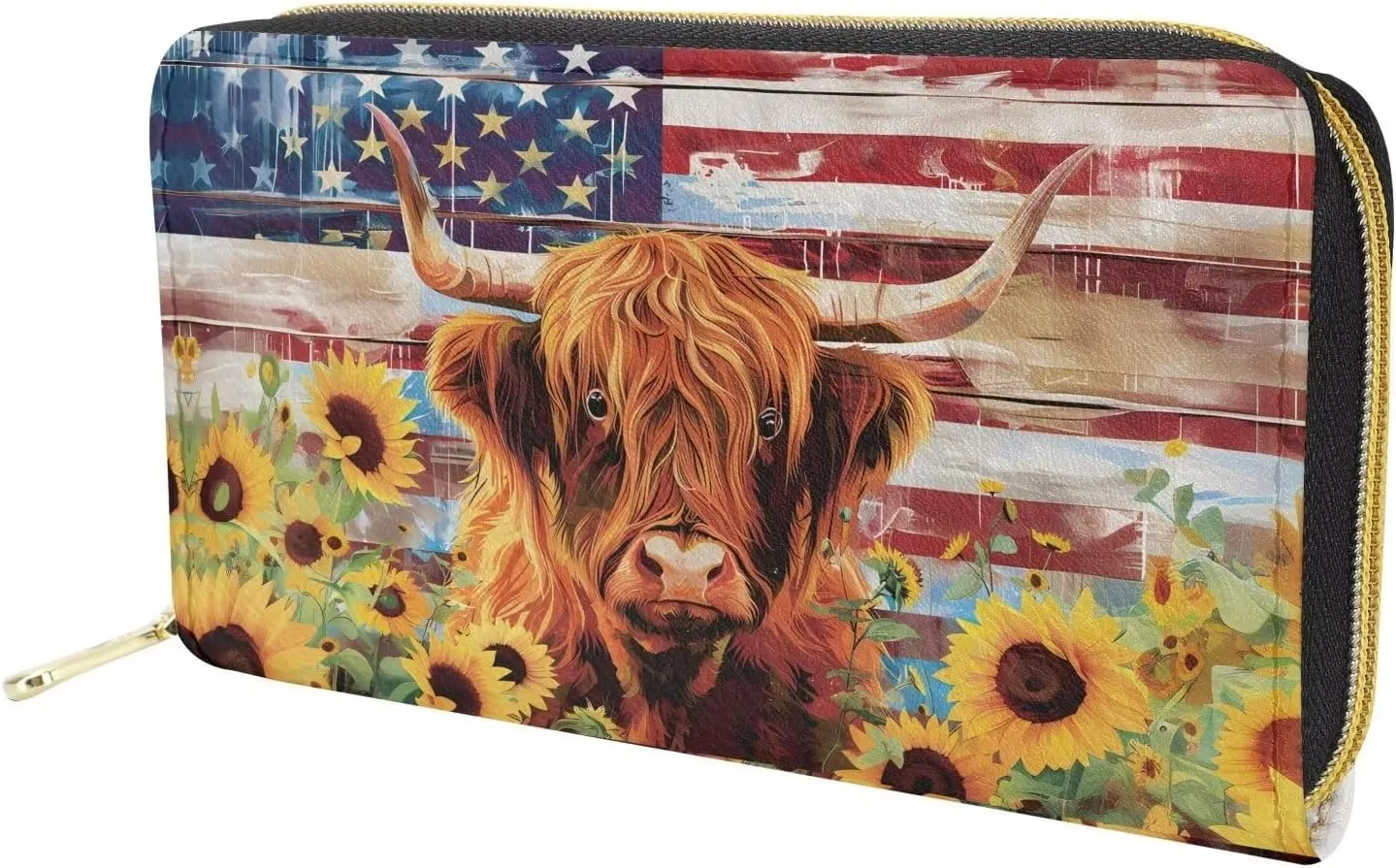 doginthehole Leather Wallets for Women, American Flag Sunflowers Yaks Long Wallet for Ladies Zipper Coin Purse Credit Card Holder
