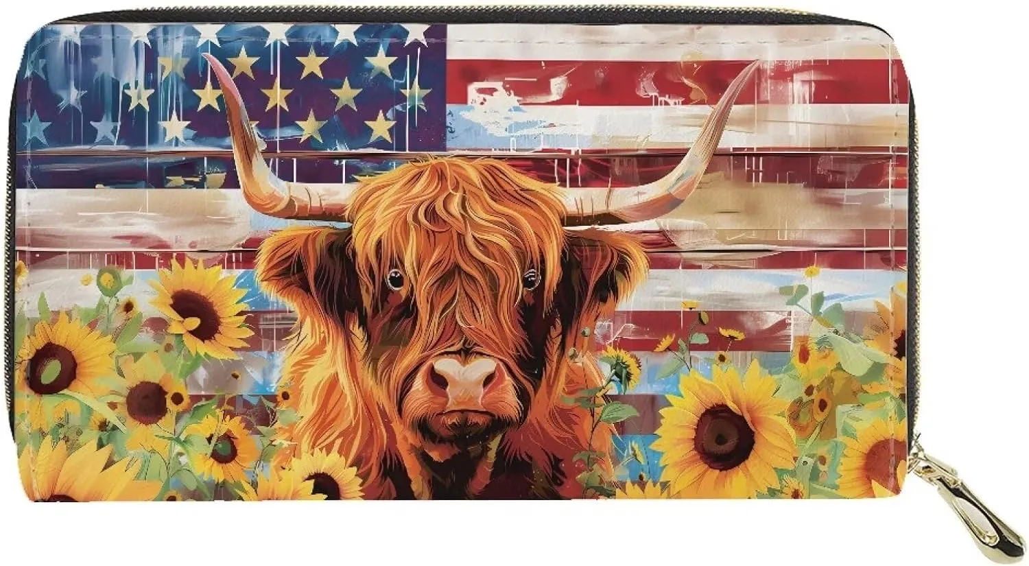 doginthehole Leather Wallets for Women, American Flag Sunflowers Yaks Long Wallet for Ladies Zipper Coin Purse Credit Card Holder