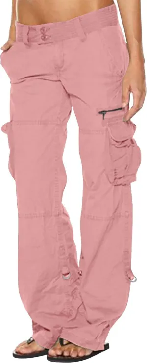 DOLKFU Women Wide Straight Leg Casual Cargo Pants High Waist Relaxed Fit Trousers Trendy Pants Multi-Pockets