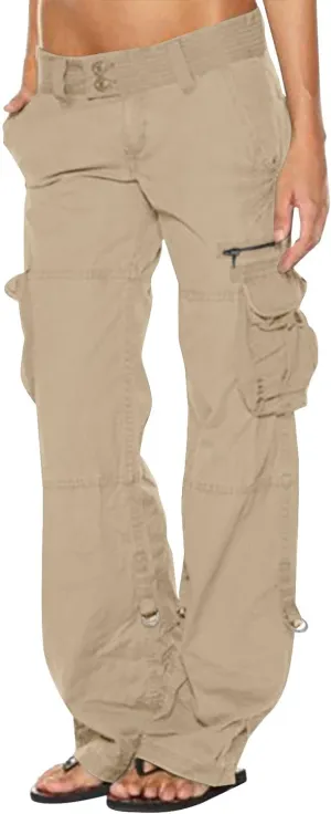 DOLKFU Women Wide Straight Leg Casual Cargo Pants High Waist Relaxed Fit Trousers Trendy Pants Multi-Pockets