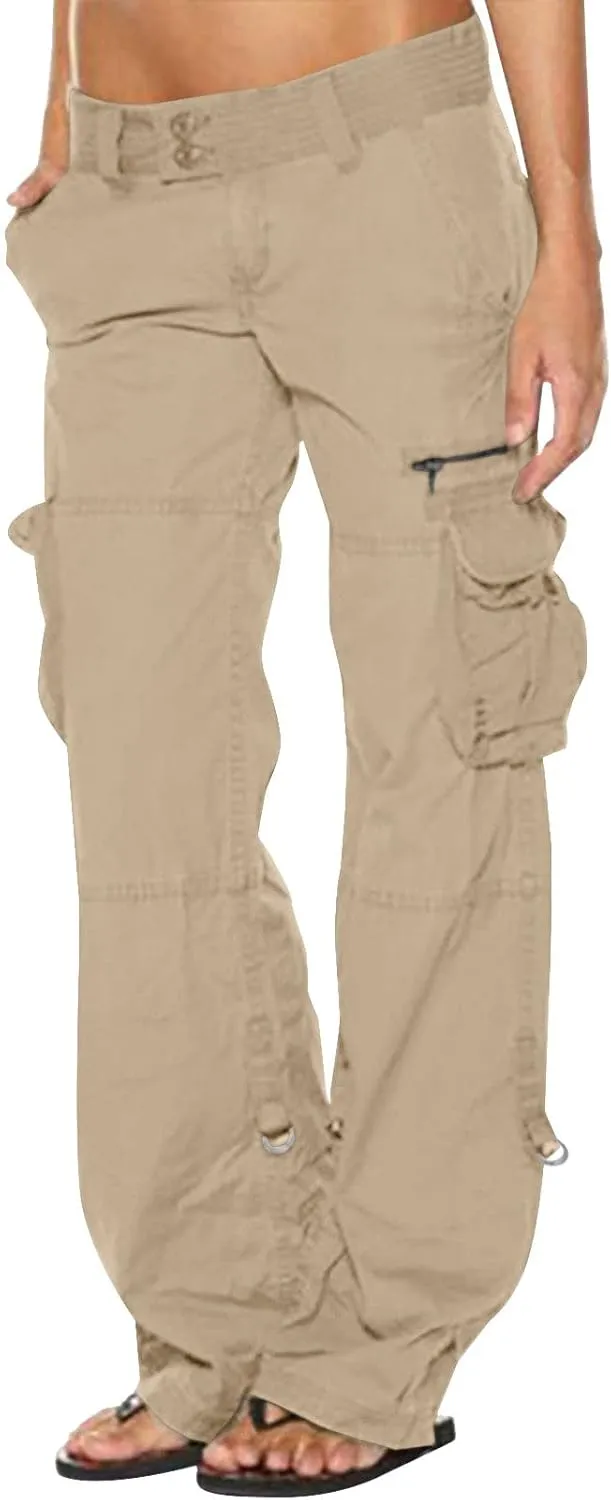 DOLKFU Women Wide Straight Leg Casual Cargo Pants High Waist Relaxed Fit Trousers Trendy Pants Multi-Pockets
