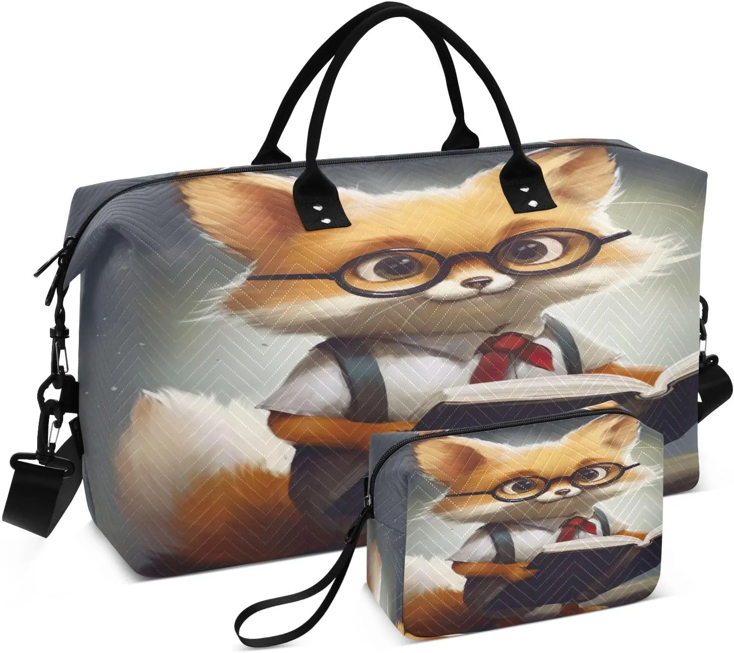 DOMIKING Cartoon Fox Read Travel Duffle Bag Foldable Weekender Overnight Bags for Women Men Carry On Tote Bag Personal Item Travel Bag with Toiletry Bag for Business Hospital Trip, 2 Pcs