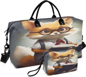 DOMIKING Cartoon Fox Read Travel Duffle Bag Foldable Weekender Overnight Bags for Women Men Carry On Tote Bag Personal Item Travel Bag with Toiletry Bag for Business Hospital Trip, 2 Pcs