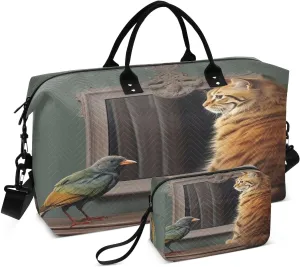 DOMIKING Funny Cat Mirror Bird Travel Duffle Bag Foldable Weekender Overnight Bags for Women Men Carry On Luggage Bag Personal Item Travel Bag with Toiletry Bag for Sports Trip Weekend, 2 Pcs