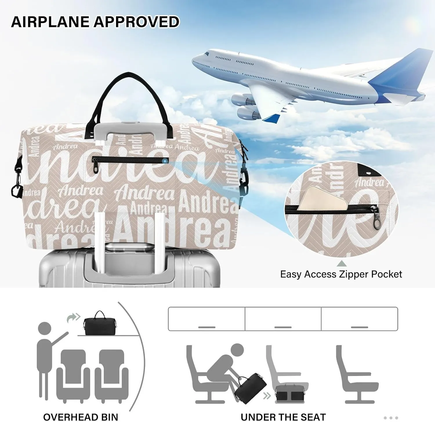 DOMIKING Gray Peach Personalized Duffel Bag Foldable Weekender Bag Overnight Bags for Women Men Custom Sport Gym Bag with Toiletry Bag for Business Hospital Trip, 2 Pcs