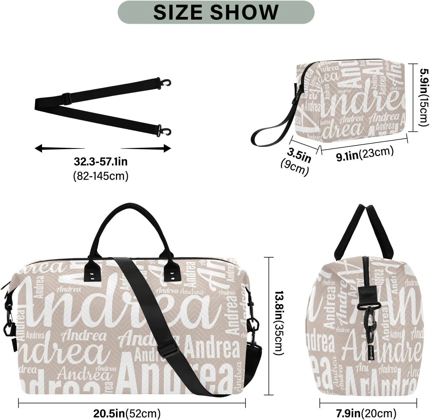 DOMIKING Gray Peach Personalized Duffel Bag Foldable Weekender Bag Overnight Bags for Women Men Custom Sport Gym Bag with Toiletry Bag for Business Hospital Trip, 2 Pcs